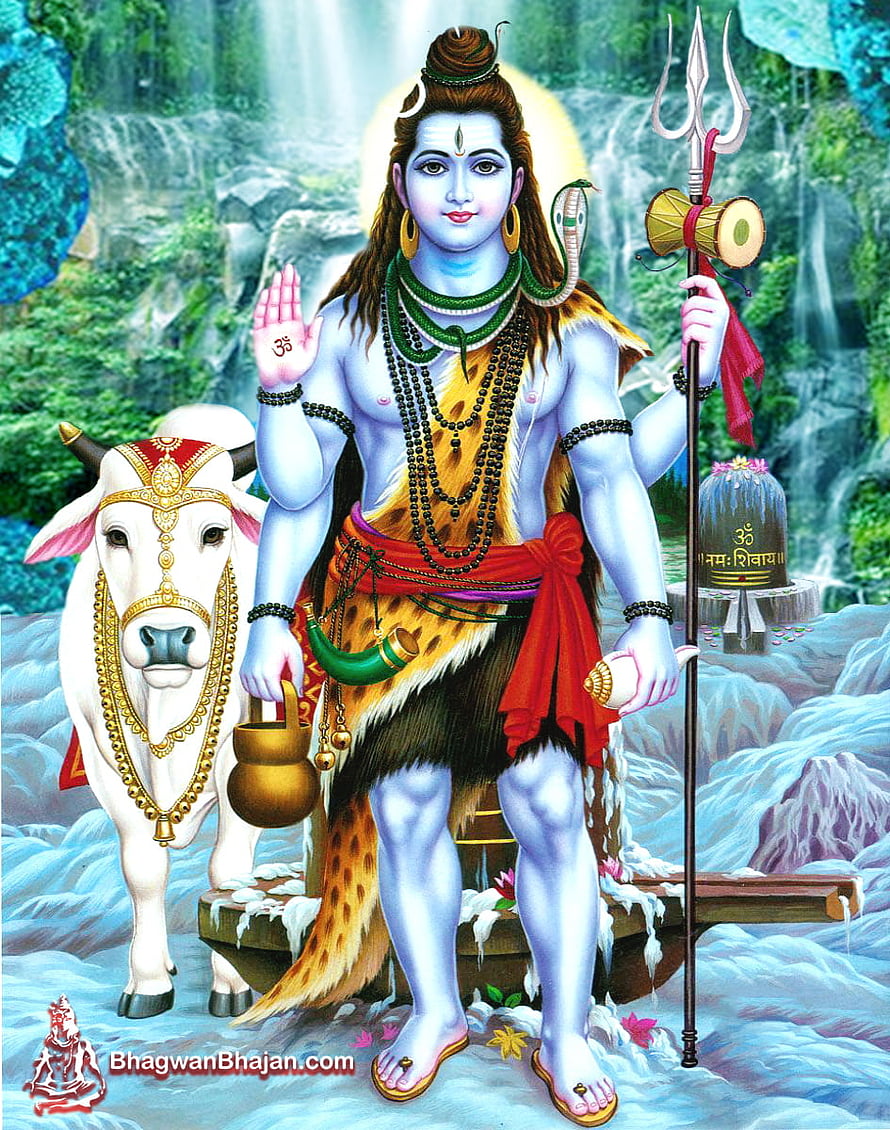 Lord Shiva standing with Nandi bull near waterfall holding trident damru and holy water pot HD phone wallpaper