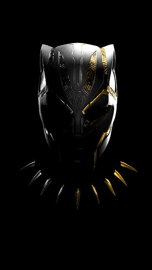 Black Panther Wakanda Mask with Gold Accents and Spiked Collar on Black Background HD phone wallpaper