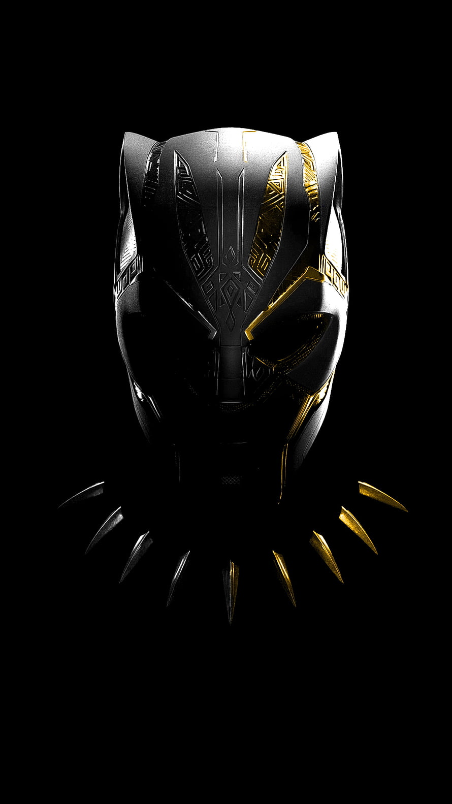 Black Panther Wakanda Mask with Gold Accents and Spiked Collar on Black Background HD phone wallpaper