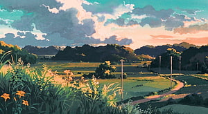 Studio Ghibli Countryside Landscape with Winding Path and Dramatic Clouds HD wallpaper