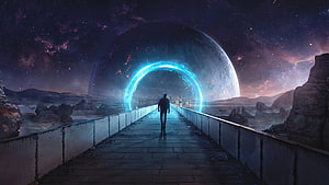 Silhouette Walking Toward Glowing Portal on Alien Planet Bridge HD wallpaper