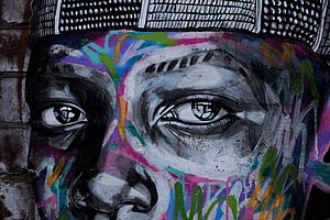 Vibrant Street Art Mural Featuring Close-Up Human Eyes and Colorful Abstract Patterns, Art, Eyes, Graffiti, Street Art HD wallpaper