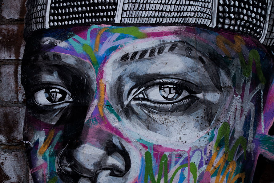 Vibrant Street Art Mural Featuring Close-Up Human Eyes and Colorful Abstract Patterns, Art, Eyes, Graffiti, Street Art HD wallpaper