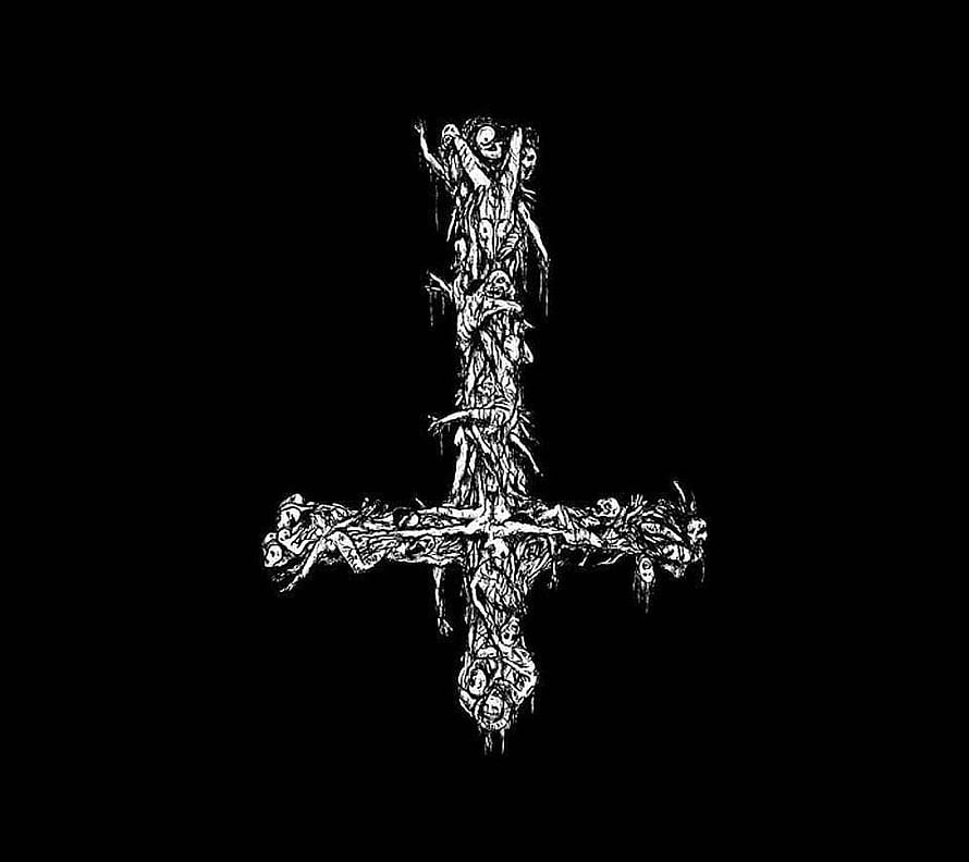 Gothic Cross Formed by Distorted Figures and Skulls on Black Background HD wallpaper