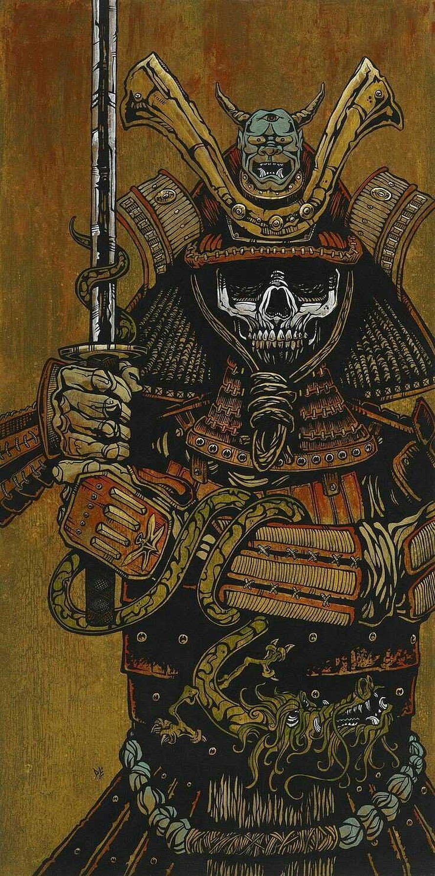 Dark Skull Samurai Warrior in Ornate Japanese Armor Holding a Katana Sword HD phone wallpaper