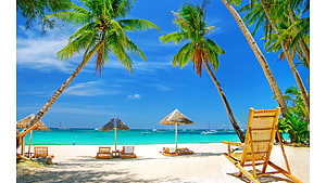 Tropical Paradise Beach With Palm Trees And Bamboo Lounge Chairs HD wallpaper