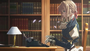 Violet Evergarden Typing at a Desk in a Library with Mechanical Hands HD wallpaper