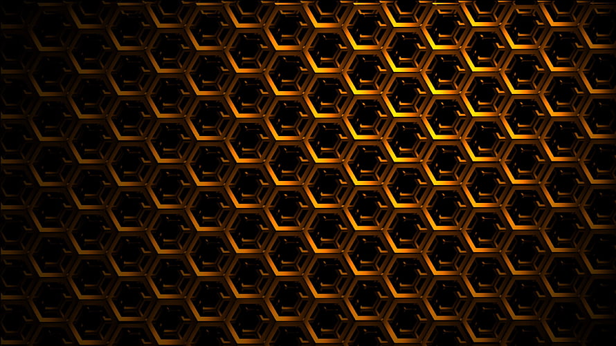 Dark 3D Hexagonal Grid Pattern with Golden Metallic Accents and Deep Shadows HD wallpaper