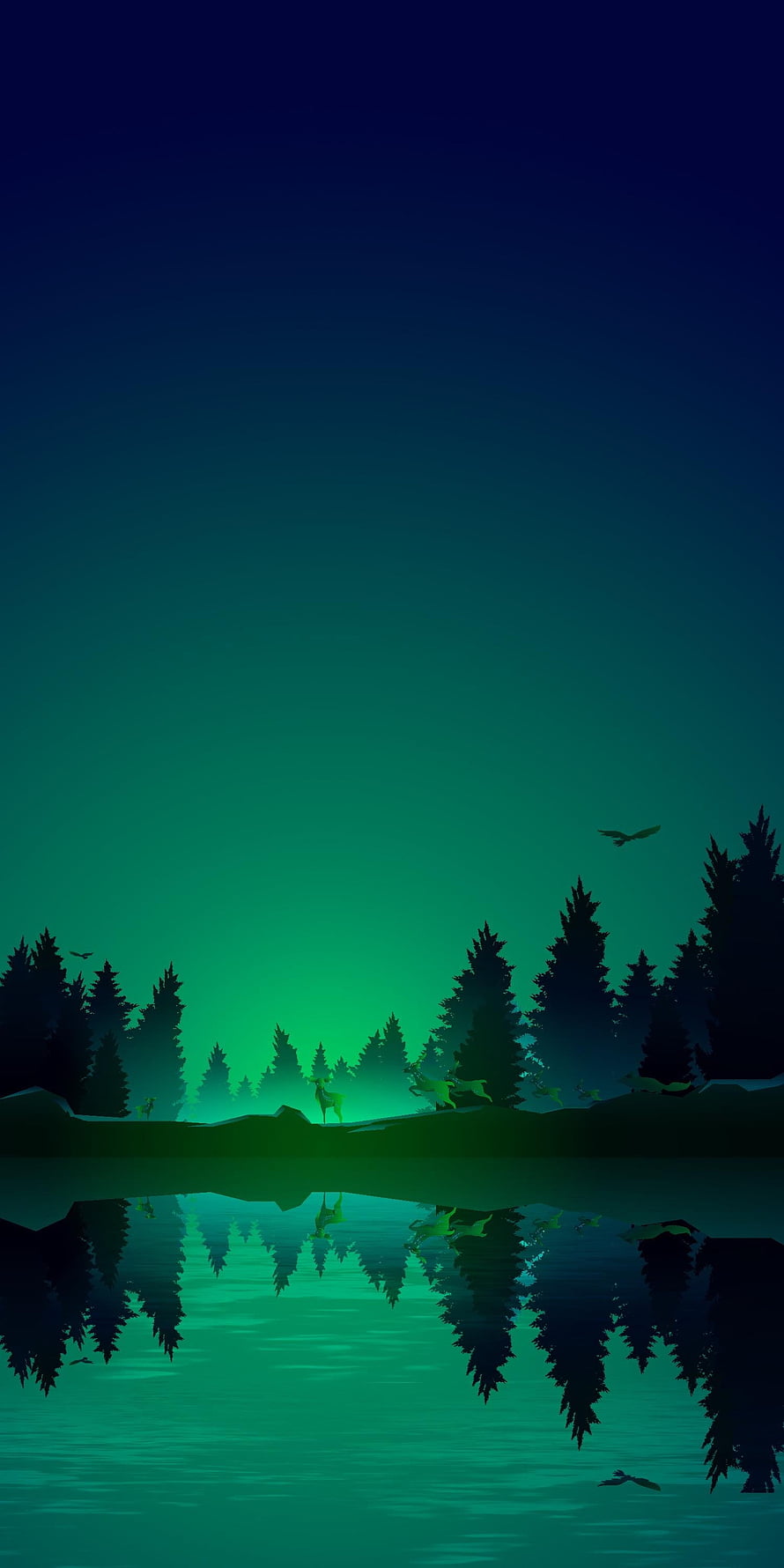 Mystical Aurora Borealis Over Silhouetted Pine Forest and Calm Lake Reflection HD phone wallpaper