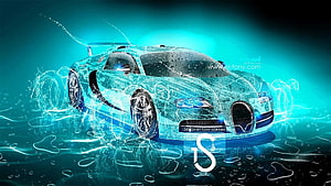 Bugatti Veyron Water Splash Digital Art with Cyan Glow and Ice Effects HD wallpaper