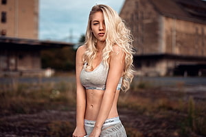 Blonde Woman in Grey Calvin Klein Sportswear Standing in Industrial Ruins, Unknown Model, gorgeous, babe, model, woman HD wallpaper
