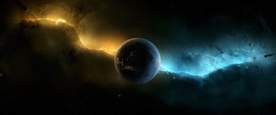 Mysterious Planet Suspended Between Golden and Blue Cosmic Nebulae in Deep Space HD wallpaper