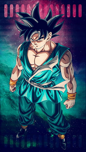 Goku in teal gi with spiky black hair standing in a cosmic nebula HD phone wallpaper