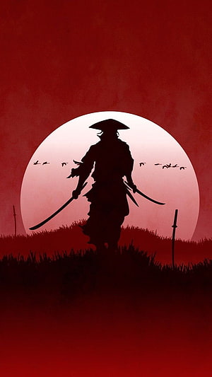 Silhouette of a Samurai Warrior Holding Dual Swords Against a Red Moon HD phone wallpaper