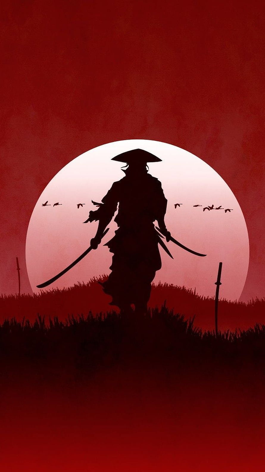 Silhouette of a Samurai Warrior Holding Dual Swords Against a Red Moon HD phone wallpaper