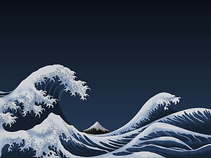 Stylized Japanese Wave Art Featuring Mount Fuji and Ocean Swells at Night HD wallpaper