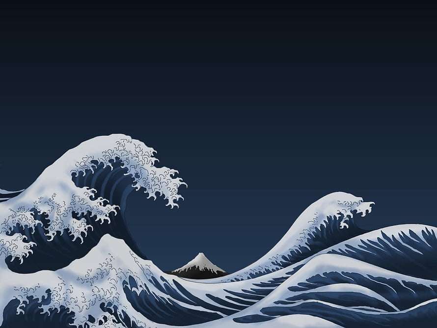 Stylized Japanese Wave Art Featuring Mount Fuji and Ocean Swells at Night HD wallpaper