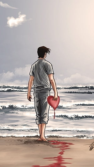 Lonely Man Walking on Beach Holding a Bleeding Heart in Digital Illustration, Single Pasanga, Heart Broken, Single Boy HD phone wallpaper