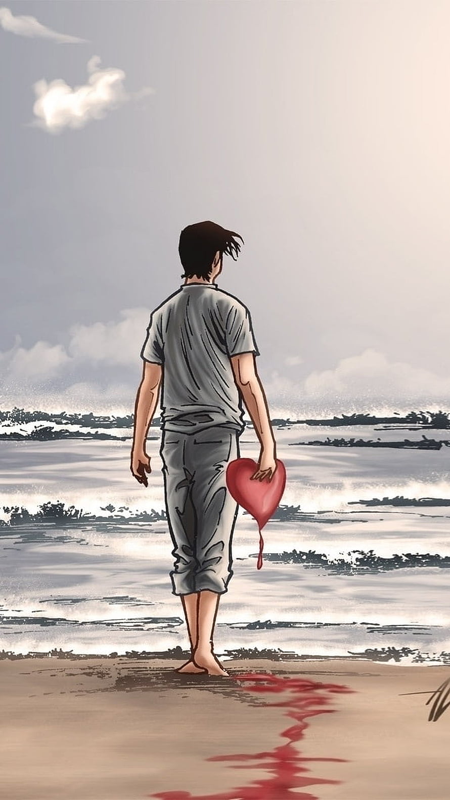 Lonely Man Walking on Beach Holding a Bleeding Heart in Digital Illustration, Single Pasanga, Heart Broken, Single Boy HD phone wallpaper