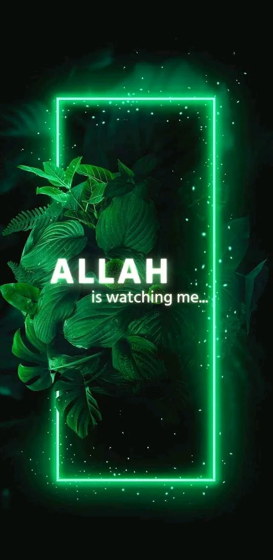 Green Neon Frame With Tropical Leaves And Islamic Quote Wallpaper HD phone wallpaper