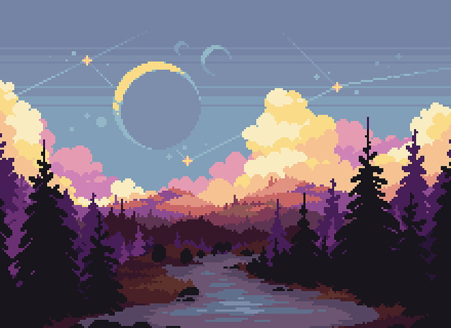 Pixel Art Twilight Forest Landscape with Moon and Constellations HD wallpaper