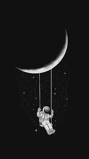 Astronaut Swinging on a Crescent Moon in Starry Space Illustration HD phone wallpaper