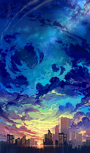 Anime Style Cityscape Under Swirling Starry Night Sky HD phone wallpaper