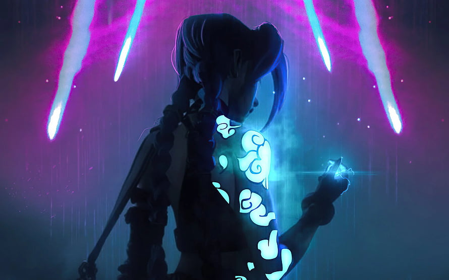 Jinx from Arcane holding glowing energy with neon streaks and rain in a dark cyberpunk scene HD wallpaper