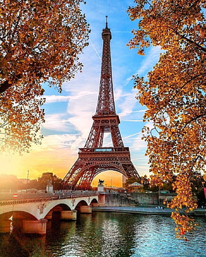 Eiffel Tower in Paris During Golden Autumn Sunset Over the Seine River HD phone wallpaper