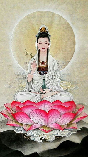 Guan Yin Bodhisattva Seated on Lotus with Willow and Vase in Traditional Chinese Painting HD phone wallpaper