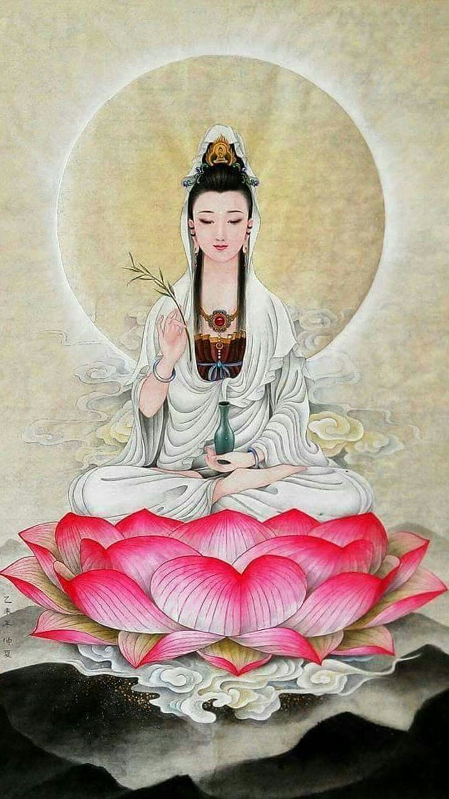 Guan Yin Bodhisattva Seated on Lotus with Willow and Vase in Traditional Chinese Painting HD phone wallpaper