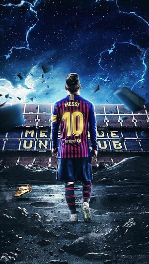 Lionel Messi in FC Barcelona Kit Walking on Rocky Terrain Under Lightning Sky HD phone wallpaper