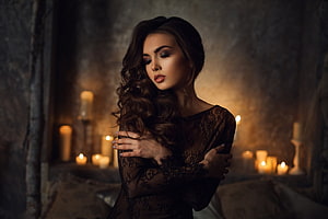 Elegant woman in black lace dress with long wavy hair in candlelit moody setting, Beauty, Girl, Beautiful, Woman, Model, Lovely, Beaut, Female HD wallpaper