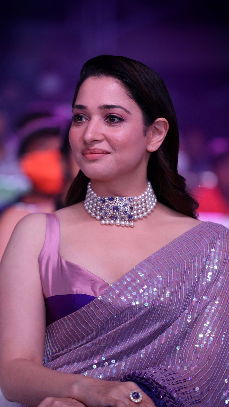 Tamanna Bhatia in a shimmering lavender sequin saree with a pearl and sapphire choker necklace HD phone wallpaper