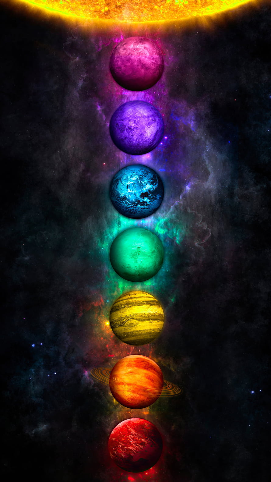 Seven Chakra Planets Aligned in Vibrant Cosmic Nebula Space Art HD phone wallpaper