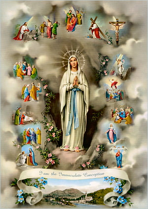 Immaculate Conception Marian Devotional Art with Rosary Mysteries and Lourdes Landscape HD phone wallpaper