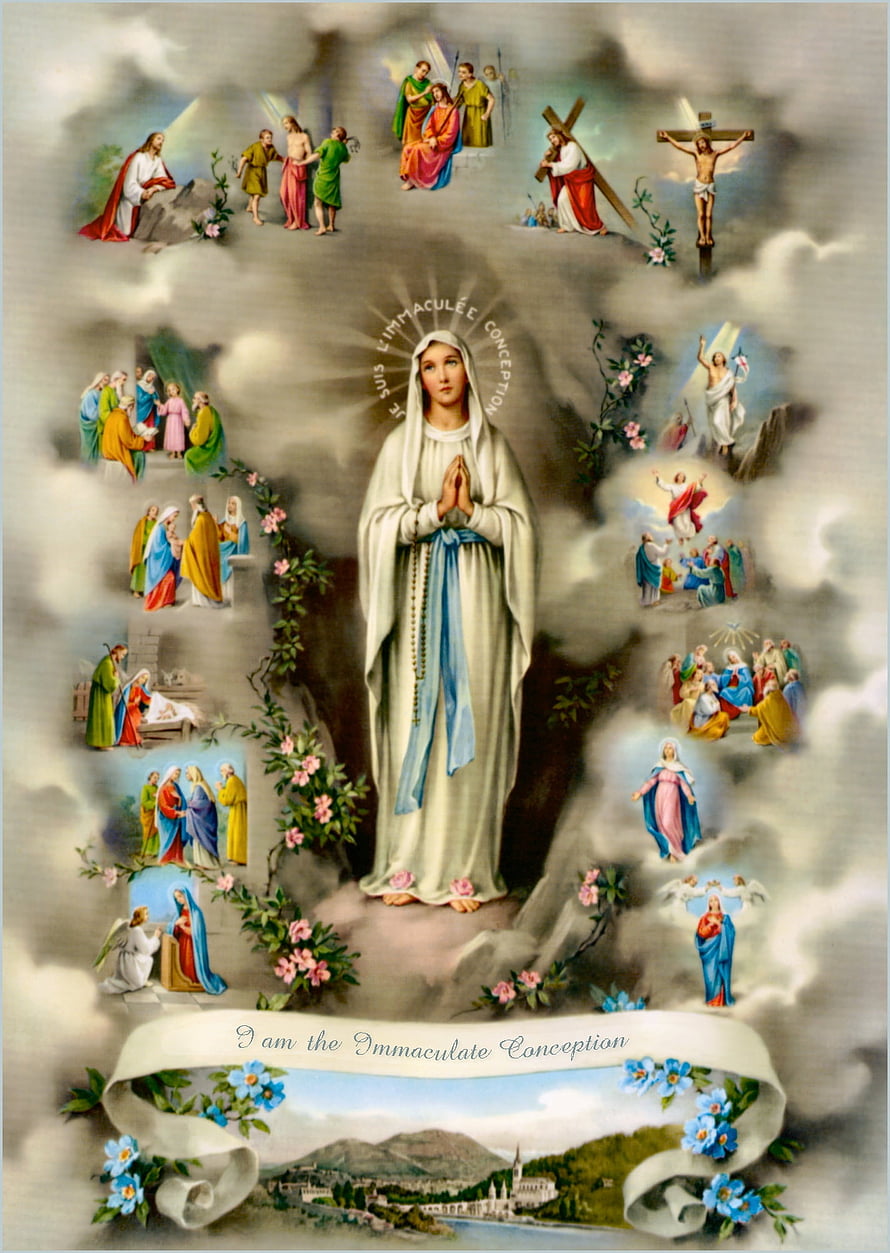 Immaculate Conception Marian Devotional Art with Rosary Mysteries and Lourdes Landscape HD phone wallpaper