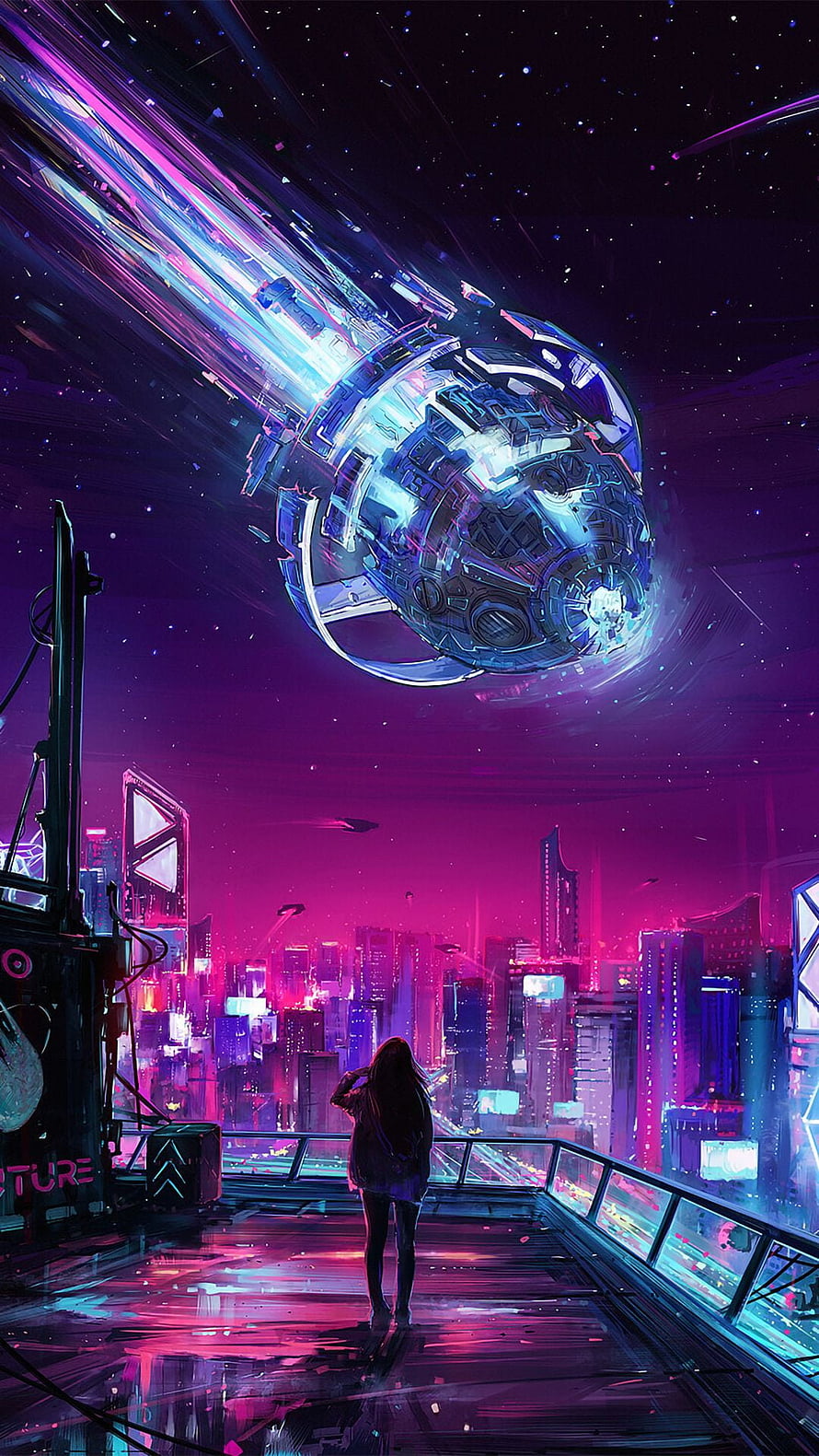 Cyberpunk Girl Watching Giant Spaceship Over Neon City HD phone wallpaper