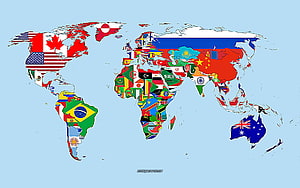 World Map Filled With National Flags Of Every Country On A Light Blue Background HD wallpaper