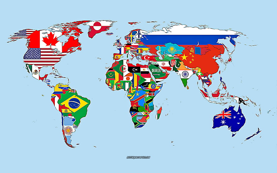 World Map Filled With National Flags Of Every Country On A Light Blue Background HD wallpaper