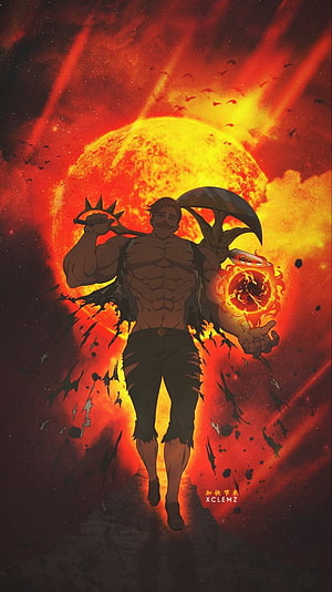 Escanor from Seven Deadly Sins in a fiery apocalyptic scene with a glowing sun and scythe HD phone wallpaper