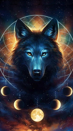 Mystical Wolf Portrait With Moon Phases And Sacred Geometry In Cosmic Space HD phone wallpaper