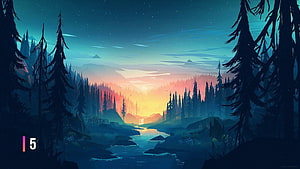 Serene Digital Art Forest Landscape With Sunset River And Pine Trees HD wallpaper