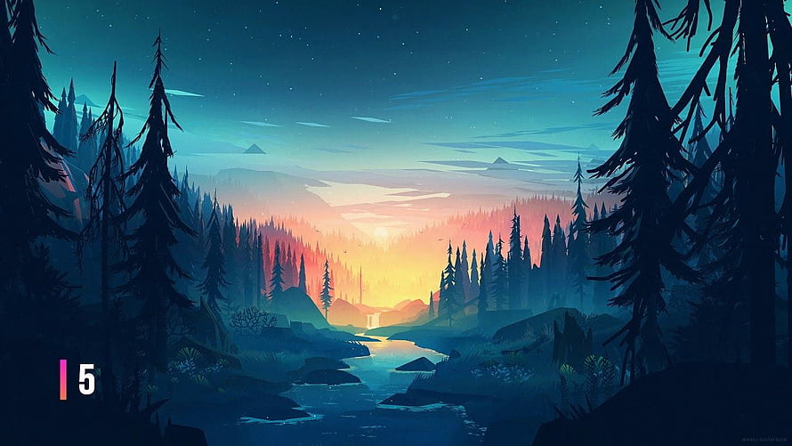 Serene Digital Art Forest Landscape With Sunset River And Pine Trees HD wallpaper