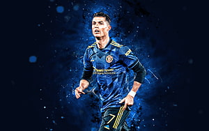 Cristiano Ronaldo Manchester United Blue Third Kit Dynamic Action Wallpaper, Cristiano Ronaldo, CR7, football, Manchester United, cris ronaldo, ronaldo, soccer, sport HD wallpaper