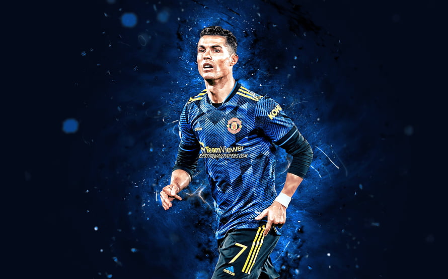 Cristiano Ronaldo Manchester United Blue Third Kit Dynamic Action Wallpaper, Cristiano Ronaldo, CR7, football, Manchester United, cris ronaldo, ronaldo, soccer, sport HD wallpaper