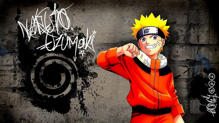Naruto Uzumaki in Orange Jumpsuit with Confident Fist Pose Against Grunge Concrete Wall HD wallpaper