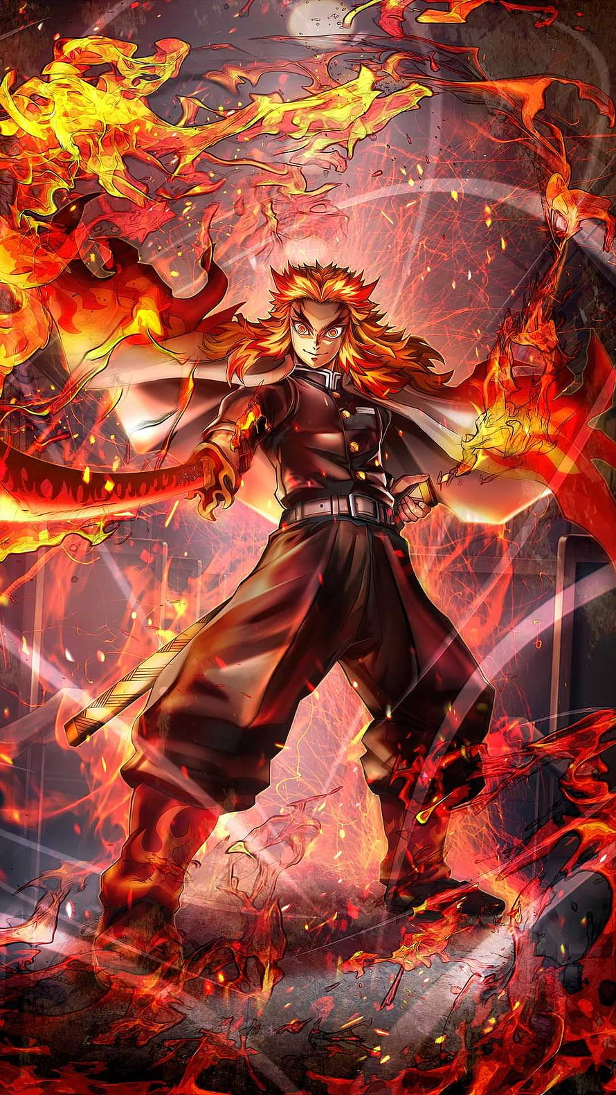 Kyojuro Rengoku from Demon Slayer Wielding Flame Breathing Sword in Fiery Battle Stance HD phone wallpaper