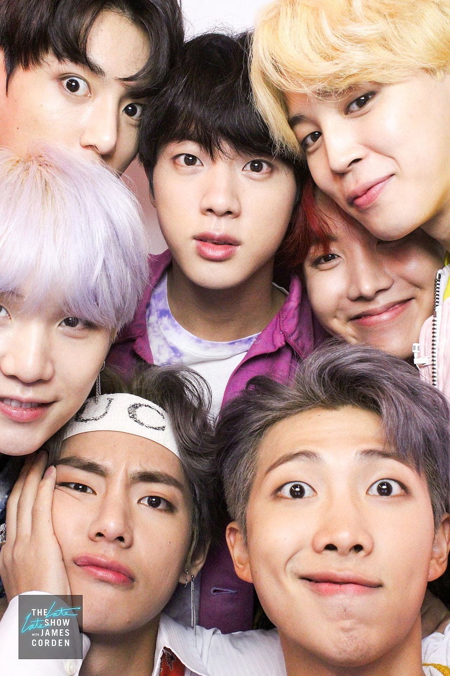 BTS members posing together for a selfie on The Late Late Show with James Corden HD phone wallpaper