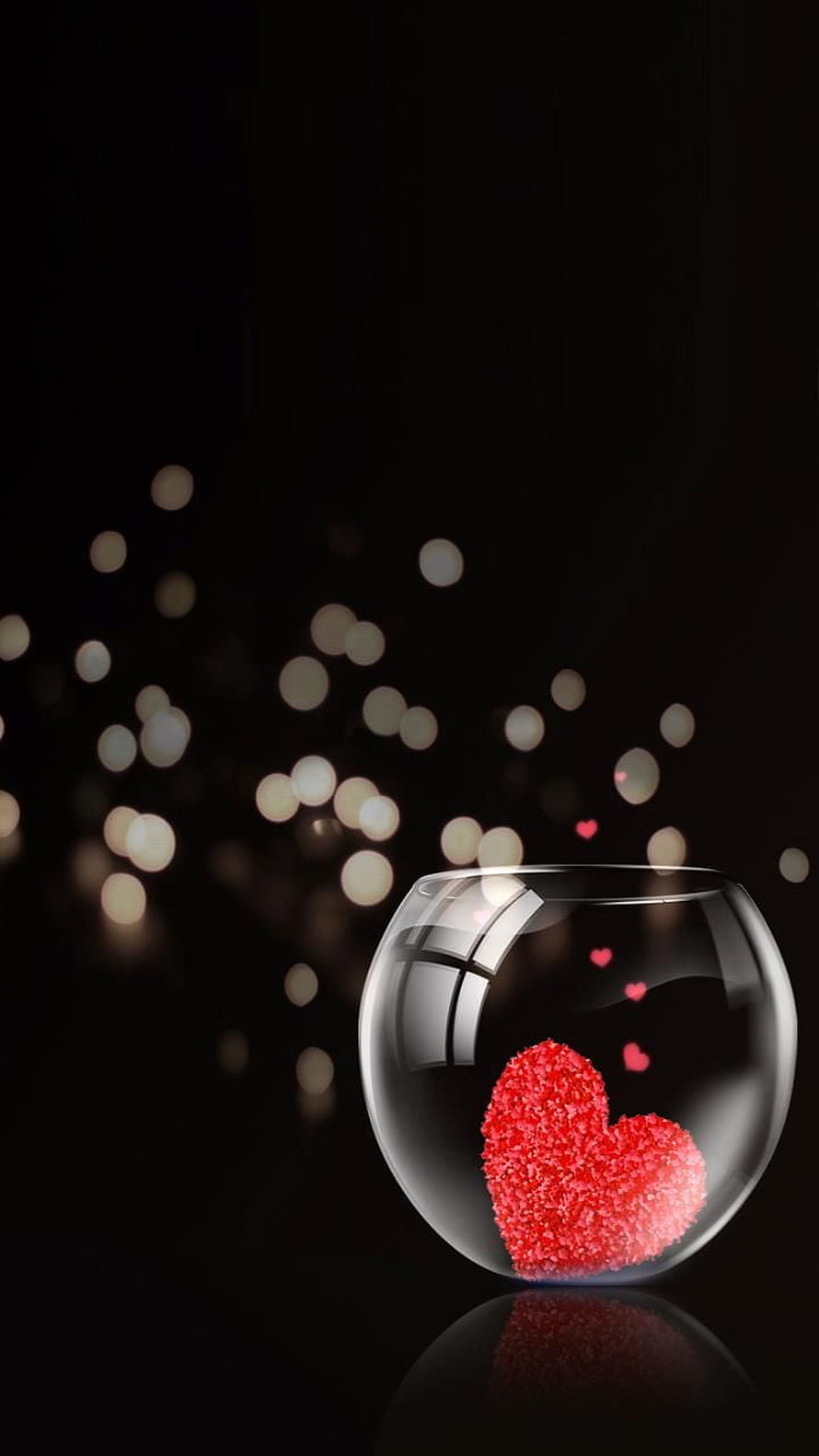 Red Heart in Glass Sphere with Bokeh Lights on Black Background HD phone wallpaper